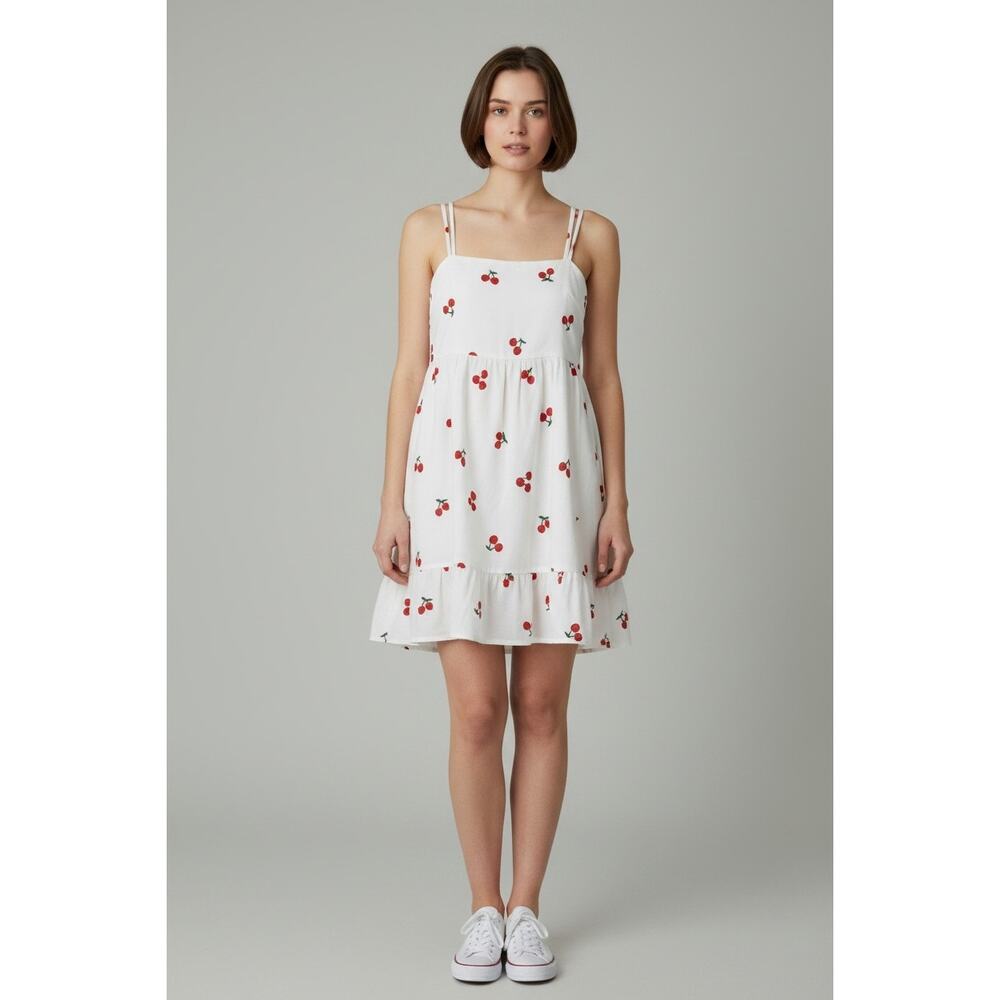 Sundress M white mini dress red cherry print ruffled ditsy Girly Grunge coquett